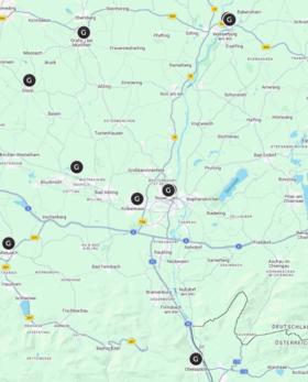 Übersichtskarte von Süddeutschland mit mehreren markierten Standorten, die mit „G“ symbolisiert sind.