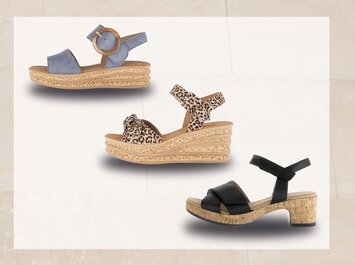 Tre damsandaler med bred, platt korksula: en blå sandal uppe till vänster, en brun sandal i mitten och en färgglad sandal med vita, gröna, gula och lila remmar nere till höger. Alla sandaler har en ankelrem med spänne. | © Gabor Shoes GmbH, Tyskland