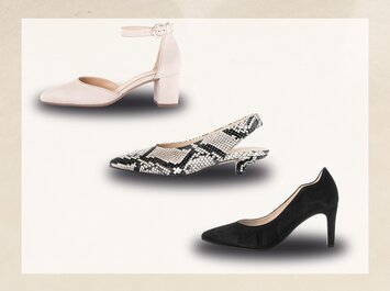 Tre damskor med klack syns bredvid varandra: uppe till vänster en beige sko med bred blockklack och ankelrem, i mitten en svartvit mönstrad slingpumps med låg klack, nere till höger en klassisk svart pump med medelhög klack. Alla skor visas mot en ljus bakgrund. | © Gabor Shoes GmbH, Tyskland