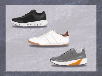 Tre sneaker-modeller under varandra på grå bakgrund. Överst en svart sneaker med vit, profilerad sula, i mitten en vit sneaker med bruna detaljer och ljus sula, längst ner en grå sneaker med vit och orange sula. | © Gabor Shoes GmbH, Tyskland