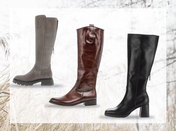 Tre par knähöga stövlar i olika färger. Från vänster till höger: grå stövlar med mönstrad sula, bruna läderstövlar med låg klack, svarta läderstövlar med blockklack och dragkedja. | © Gabor Shoes GmbH, Tyskland