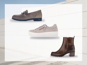 Tre olika damskor är arrangerade mot neutral bakgrund: överst en taupefärgad loafer med dekorativt spänne, i mitten en ljusgrå sneaker med vit platåsula, nere till höger en brun stövlett med medelhög klack och sidodragkedja. | © Gabor Shoes GmbH, Tyskland