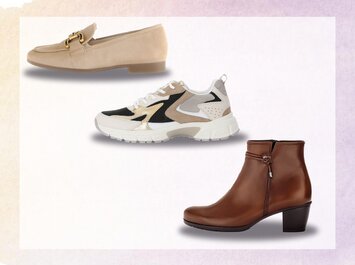 Tre olika damskor visas: en beige loafer, en sportig sneaker i beige, svart och vitt samt en brun stövlett med klack. | © Gabor Shoes GmbH, Tyskland
