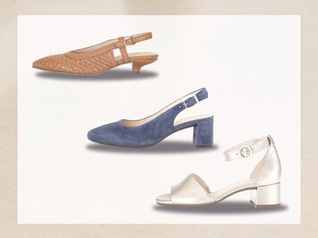 Tre olika damskor med klack, i brunt, blått och silver, är placerade under varandra mot ljus bakgrund. | © Gabor Shoes GmbH, Tyskland