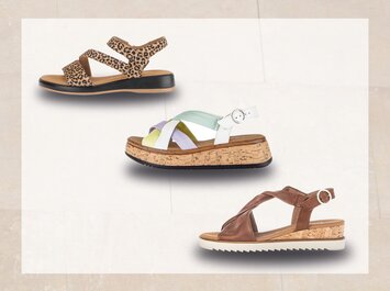 Tre olika sandaler mot ljus bakgrund. Uppe till vänster en sandal med leopardmönster och platt sula, i mitten en ljus sportig sandal med vit vadderad sula, nere till höger en svart sandal med tjock vit sula. | © Gabor Shoes GmbH, Tyskland