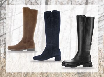 Tre par knähöga stövlar. Från vänster till höger: bruna mockastövlar, mörkblå mockastövlar, svarta läderstövlar med mönstrad sula. | © Gabor Shoes GmbH, Tyskland