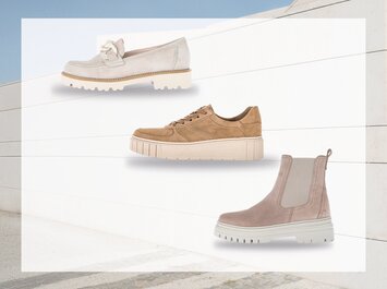 Tre par damskor i mjuka naturtoner är arrangerade mot en ljus, modern bakgrund: överst en beige loafer med rosett, i mitten en brun sneaker med ljus sula, nederst en ljusbrun Chelsea-boot med elastisk del. | © Gabor Shoes GmbH, Tyskland