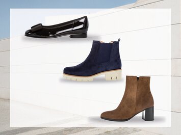 Tre olika damskor är arrangerade mot neutral bakgrund: överst en taupefärgad loafer med dekorativt spänne, i mitten en ljusgrå sneaker med vit platåsula, nere till höger en brun stövlett med medelhög klack och sidodragkedja. | © Gabor Shoes GmbH, Tyskland