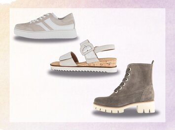 Tre olika damskor mot ljus bakgrund: överst en beige sneaker med vita ränder, i mitten en ljus sandal med korksula, nere till höger en grå snörkänga med ljus räfflad sula. | © Gabor Shoes GmbH, Tyskland