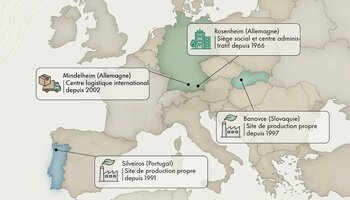 Carte des sites Gabor en Allemagne, au Portugal et en Slovaquie. | © Gabor Shoes GmbH, Allemagne