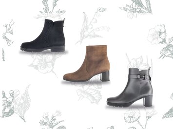 "Drei verschiedene Damen-Stiefeletten von Gabor in Schwarz, Braun und Dunkelgrau stehen auf weißem Hintergrund mit zarten, grauen Blumenzeichnungen. Die Schuhe sind leicht seitlich angeordnet und gut sichtbar. "										 | © Gabor Shoes GmbH, Rosenheim