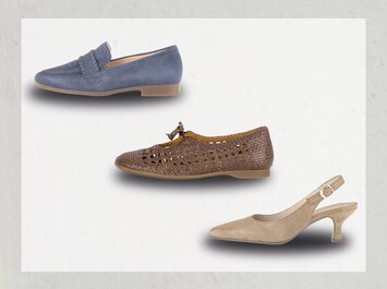 Tre olika damskor syns under varandra mot ljus bakgrund: överst en blå loafer, i mitten en brun, flätad ballerinasko med hålmönster och rosett, längst ner en beige slingback med låg klack och spänne. | © Gabor Shoes GmbH, Tyskland