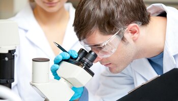 Zwei Personen arbeiten im Labor und untersuchen  etwas unter dem Mikroskop. | © WavebreakMediaMicro