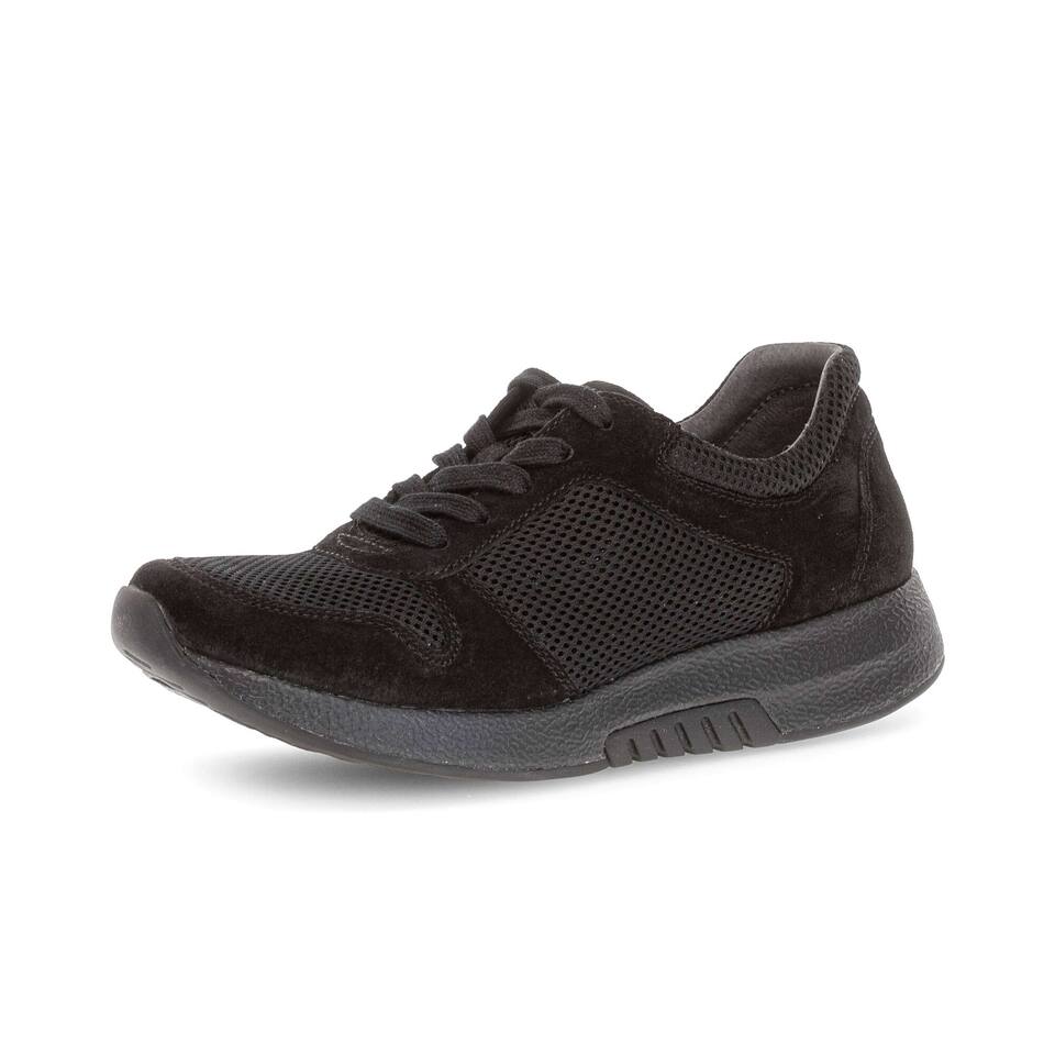 rollingsoft Damen Sneaker low; Materialmix Leder/Lederimitat in schwarz; flacher Absatz mit Gummi/EVA-Sohle
