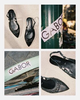 Gabor Damenschuhe | Collage aus vier Motiven mit schwarzen, offenen Gabor Slingback-Pumps mit Flechtmuster, inszeniert neben Stadtmotiven mit Gabor-Logo. | © Gabor Shoes GmbH, Rosenheim